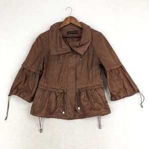 Zara Woman Women's Size Small Brown Crinkled Full Zip Snap 3/4 Sleeve Jacket